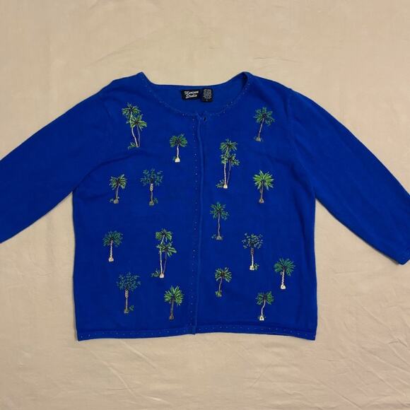 Marissa Studio Vintage Royal Blue Cardigan with Beaded Palm Trees Size Large - Picture 1 of 6